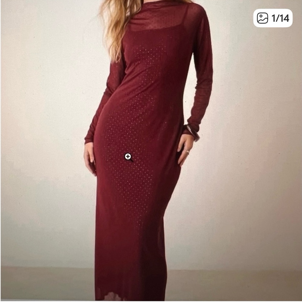 Abercrombie Studded Mesh Burgundy Long Sleeve Dress